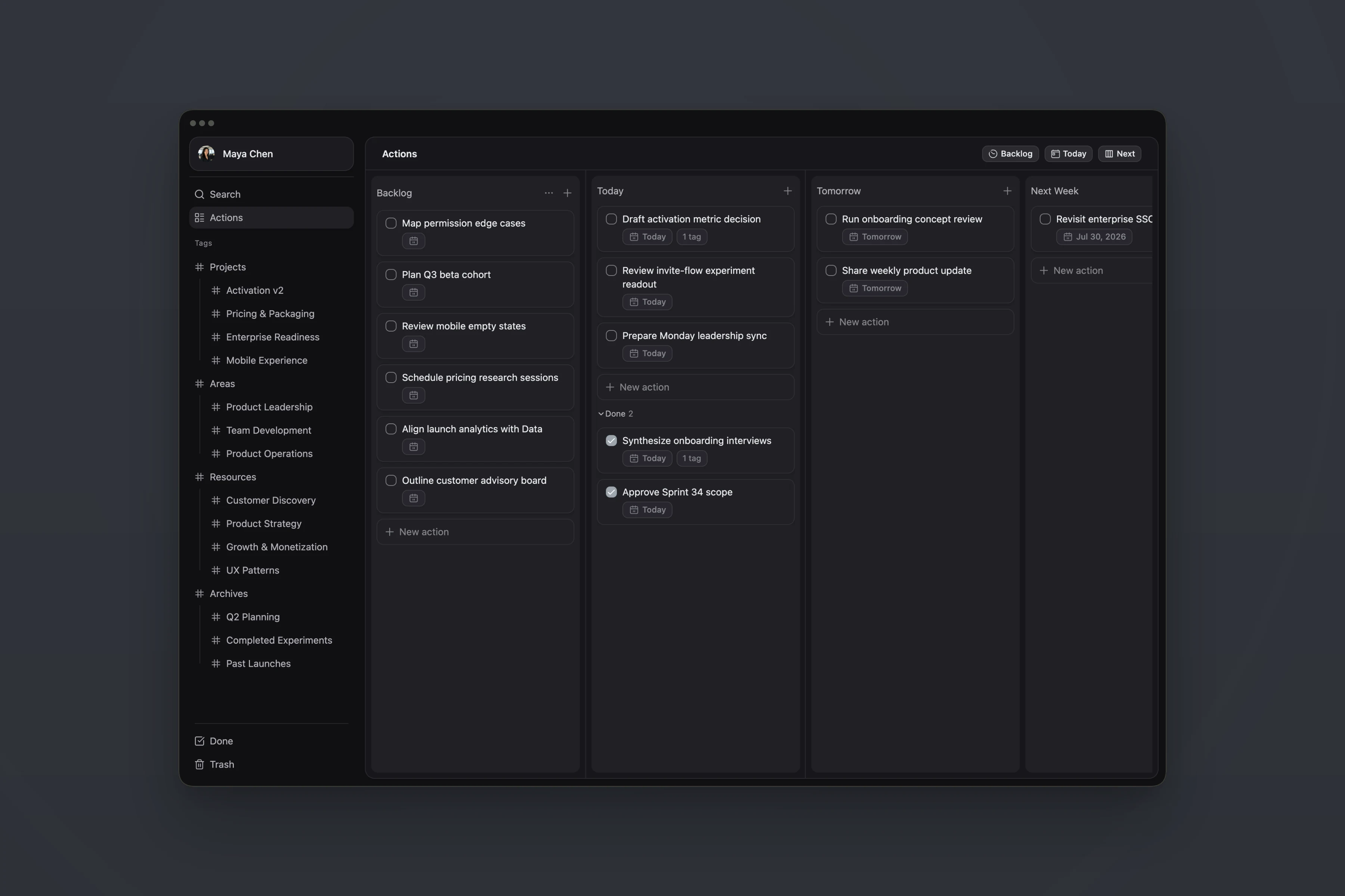 ActionDrivenNote visual action planning board with backlog, today, tomorrow, and next week