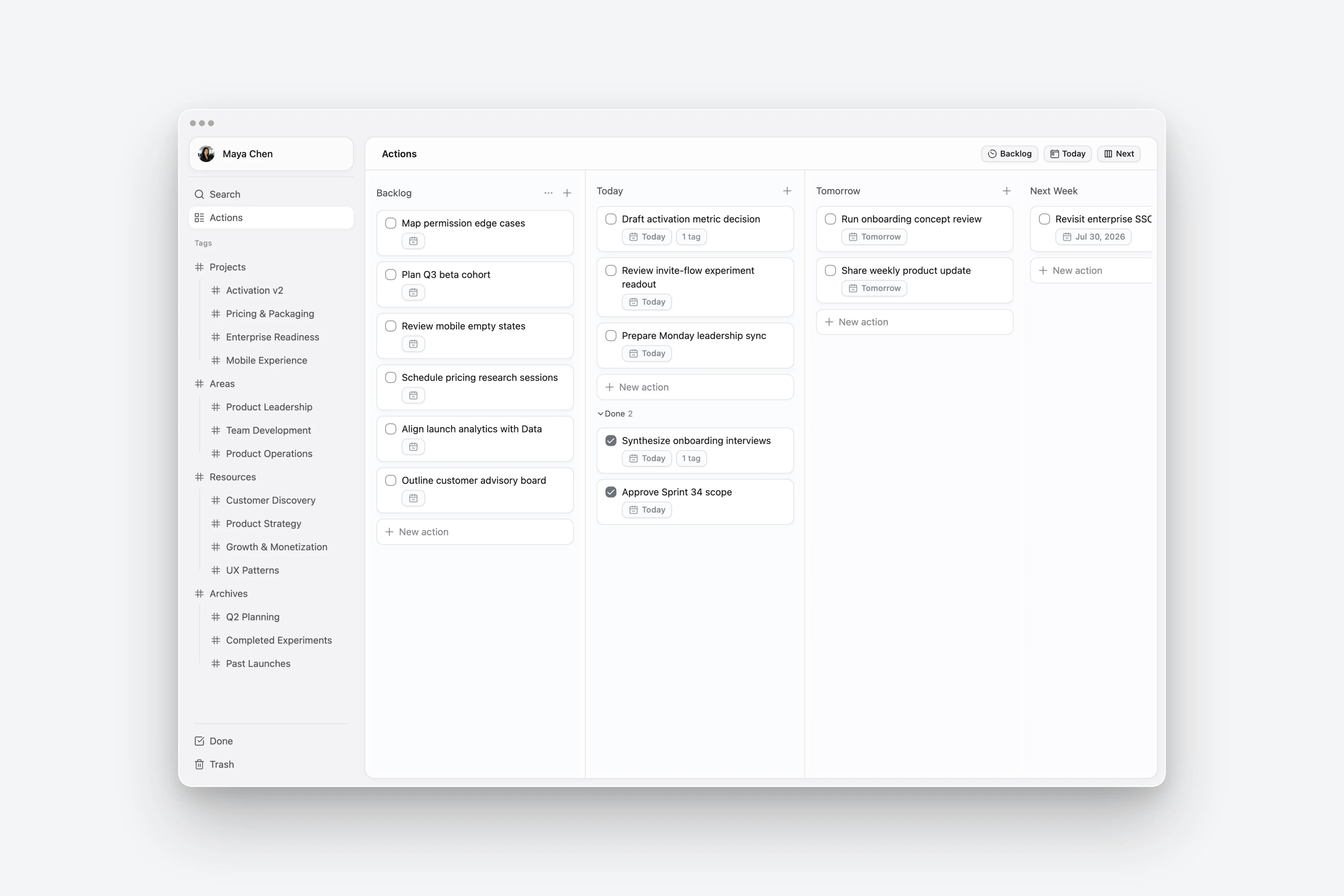 ActionDrivenNote visual action planning board with backlog, today, tomorrow, and next week