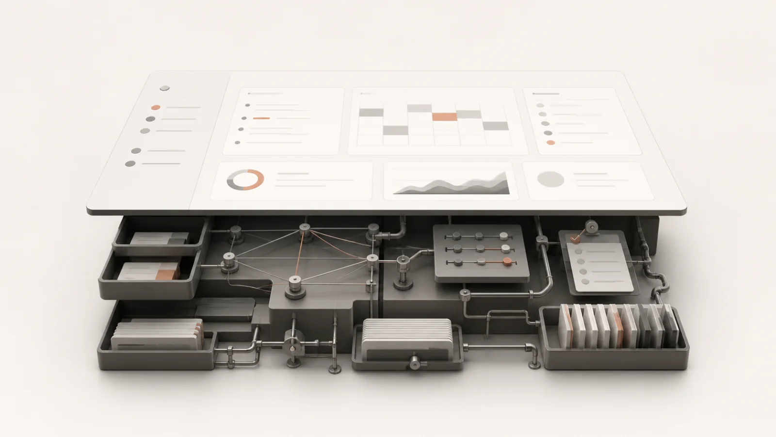 A polished productivity dashboard supported by a complex hidden system of sorting, linking, reviewing, and filing mechanisms