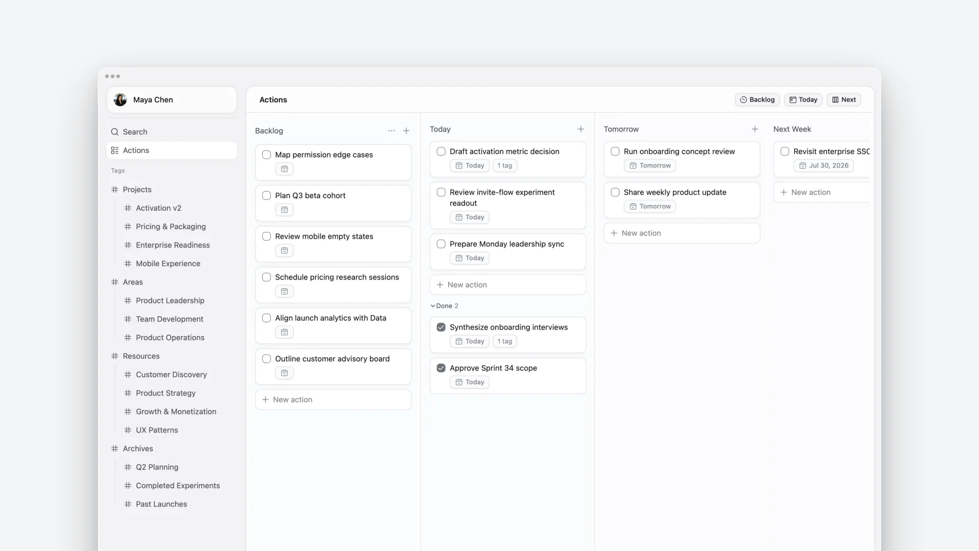 ActionDrivenNote action board organized into Backlog, Today, Tomorrow, and Next Week