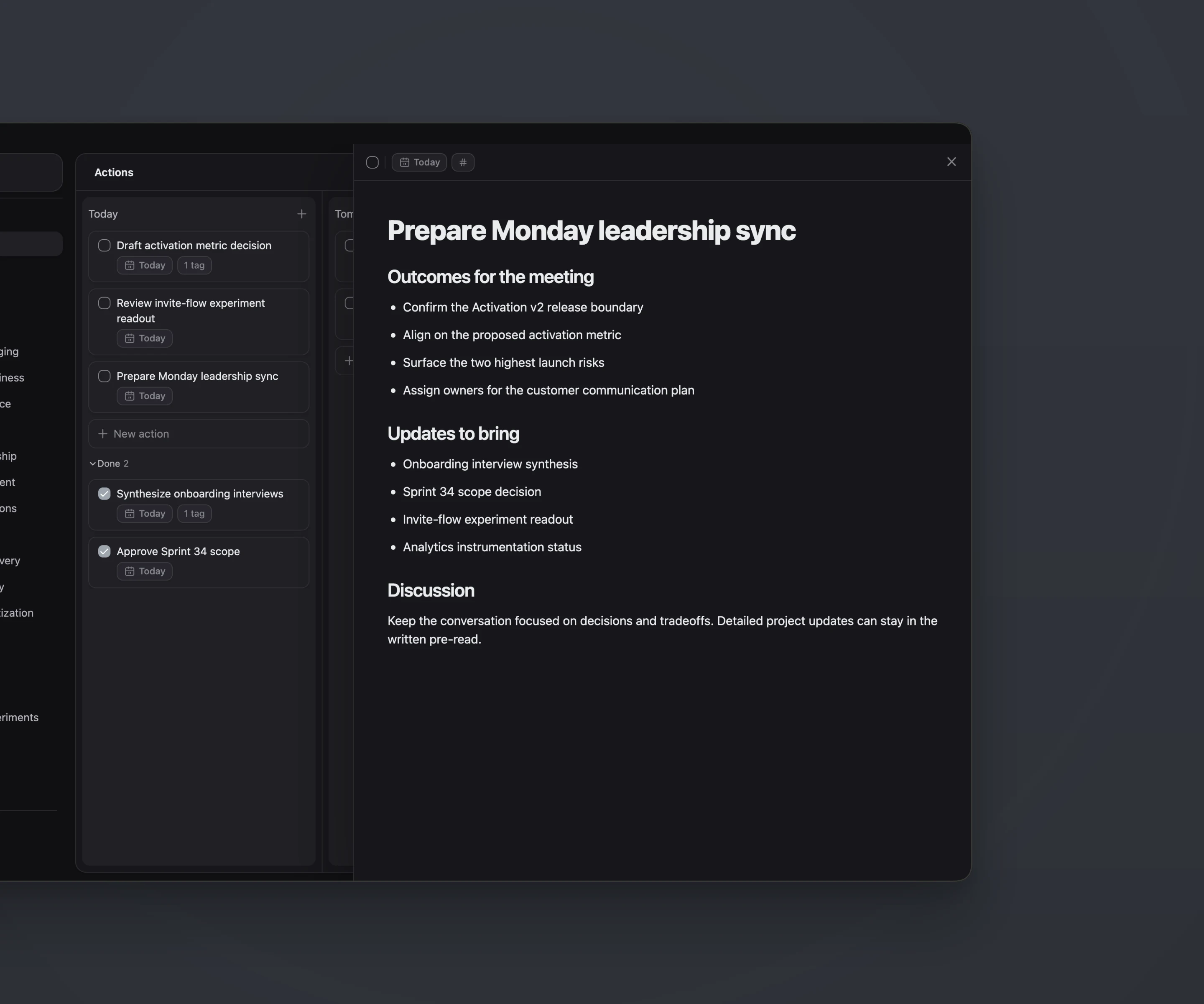 ActionDrivenNote workflow screenshot showing notes captured during work.